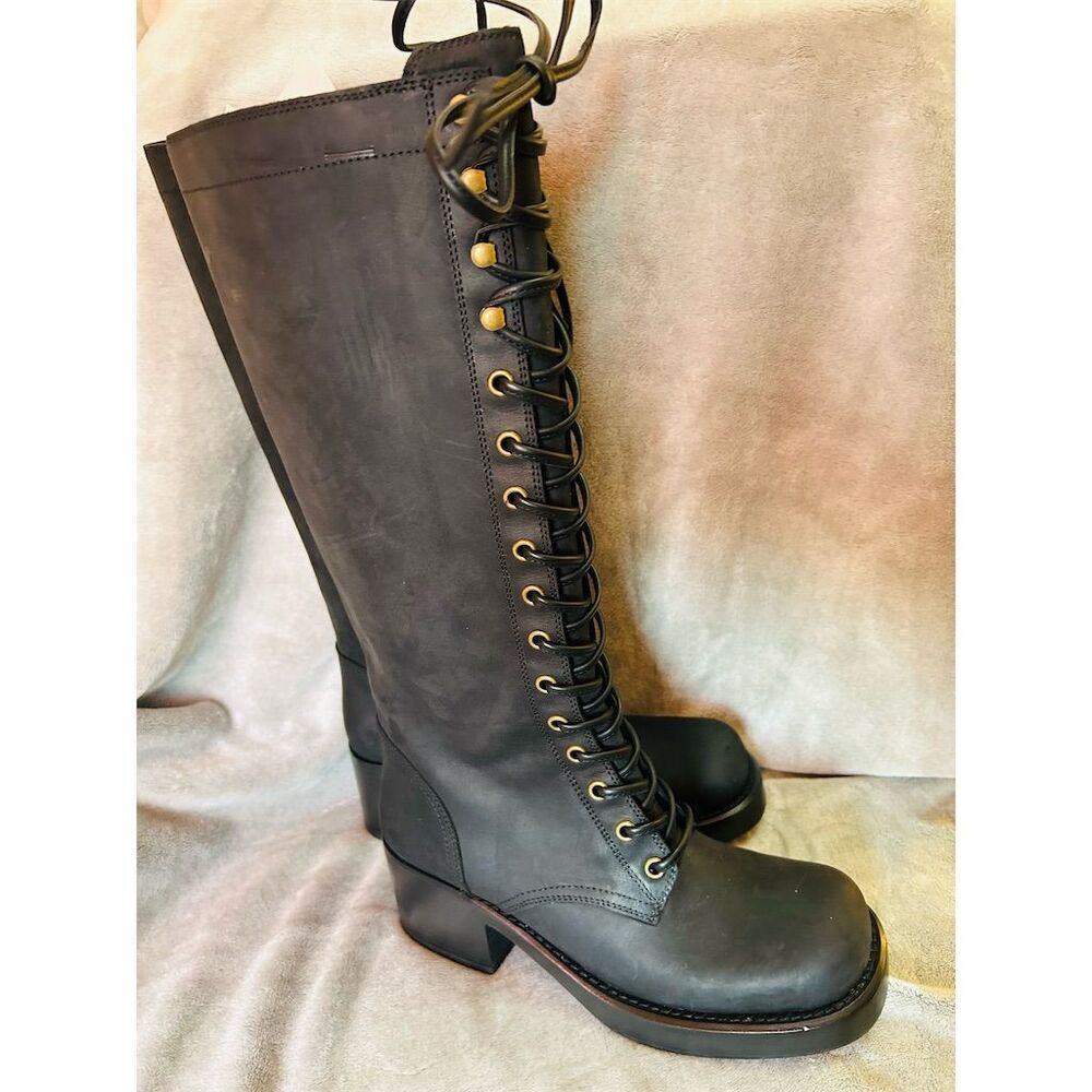Jeffrey Campbell Women's Black Knee High Lace-Up Combat Boots Size 7.5 Casual